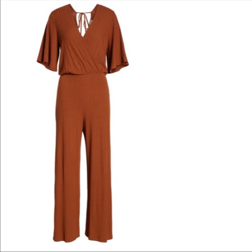 Rust Ribbed V-Neck Wide-Leg Jumpsuit